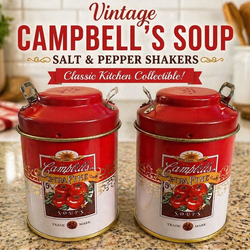Vintage Campbell’s Soup Salt Pepper Shakers Tin Milk Can Set Retro Kitchen Decor